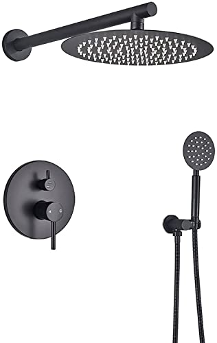 Dusch -Set -Duschsystem Wandmontage Duschhahn Set Mattschwarz Regen Dusche Kombination aus Edelstahlwanne und Duschverkleidung mit Handheld -Sprühgerät und Regenduschkopf, Einzelgriff, 12 in von XFLSDHGD