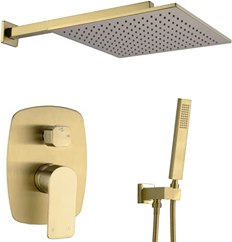 Duscharmatur 12 Zoll Badezimmer Luxus Regenmixer Combo Set Wandmontaged Niederschlag Duschkopf System gebürstet Gold, 12 Zoll Set von XFLSDHGD