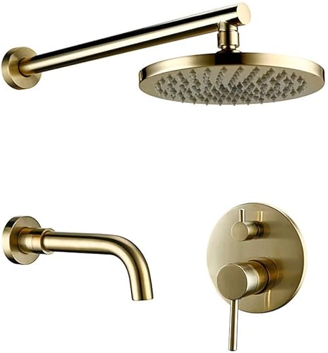 Luxury Duscharmatur Wasserhahn Gold Messing Runde Dusche Set Badezimmer gebürstete Wasserhahn Niederschlag Wandmontage Kopf Duschmixer-System, 12 Zoll, 10 Zoll von XFLSDHGD