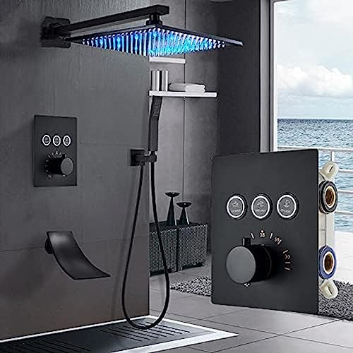 Schwarzer thermostatischer Duschhahnniederschlag Duschkopf Wandmontierter Badewanne Mixer Tap Bad Dusche Set Wand-2-Way-12-Zoll-Wand, A3-Way-16-Zoll-Wand ， 2way16inch Wand von XFLSDHGD