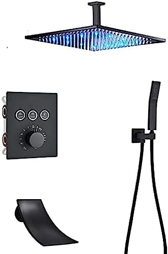 Schwarzer thermostatischer Duschhahnniederschlag Duschkopf Wandmontierter Badewanne Mixer Tap Bad Dusche Set Wand-2-Way-12-Zoll-Wand, A3-Way-16-Zoll-Wand ， 2way16inch Wand von XFLSDHGD