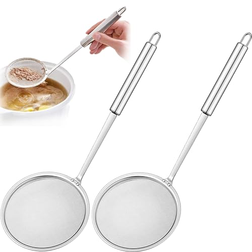 XFLYP 2 Stücke Schaumlöffel, Schaumkelle Edelstahl, Küchensieb Fein, Groß Löffel Filter Set für Fett, Schaum, Rückstände und Obst, ÖL Und Suppe Sauber Abtropfen Lassen von XFLYP