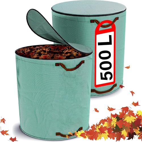 XFLYP 2Pcs Gartenabfallsack, Gartensack mit Deckel Verschließbar, Selbststehender & Faltbarer Laubsack mit 4 Stabilen Griffen mit Extra Verstärktem Boden Wasserabweisend & Faltbar(500L) von XFLYP