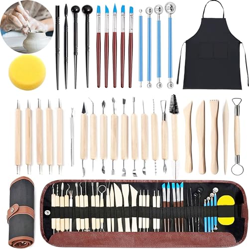 XFLYP 37 Stück Modellierwerkzeug, Carving Tools Clay Keramik Sculpting Ton Werkzeug mit Eine Aufbewahrungstasche und Schürze, Töpferwerkzeug Doppelseitige Carving Werkzeuge Sculpting Tools von XFLYP