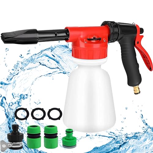 XFLYP Gartenschlauch Spritzpistole, 1L Schnee Schaumpistole Hochdruck Handbrause Bewässerungssprüher mit Vorratsbehälter, Verstellbare Schaumlanze（Füge 4 rotationen hinzu） von XFLYP