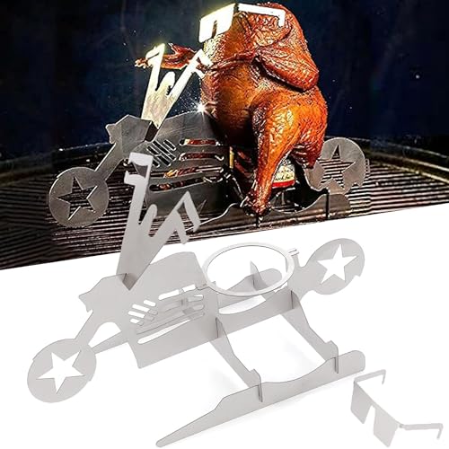 XFLYP Hähnchenhalter Grill, Edelstahl vertikal Bräter Huhn Halterung mit Drip Pfanne für Backofen oder Grill Grill Zubehör Hähnchenbräter, Klappbarer Designgrill(Motorrad-Hähnchengrillhalter) von XFLYP