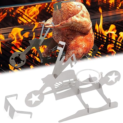 XFLYP Hähnchenhalter Grill, Edelstahl vertikal Bräter Huhn Halterung mit Drip Pfanne für Backofen oder Grill Grill Zubehör Hähnchenbräter, Klappbarer Designgrill(Motorrad-Hähnchengrillhalter) von XFLYP