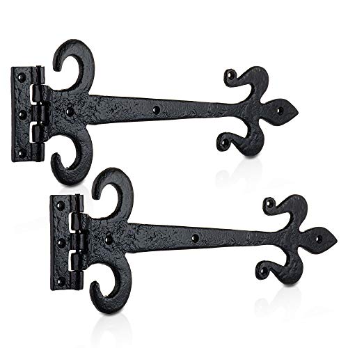 XFORT 390 mm schwarzes antikes Fleur de LYS Arbeitsscharnier, Gusseisen-Torscharnier, dekorative Scharniere, rustikale T-Scharniere, externe schwarze Türscharniere [1 Paar] von XFORT