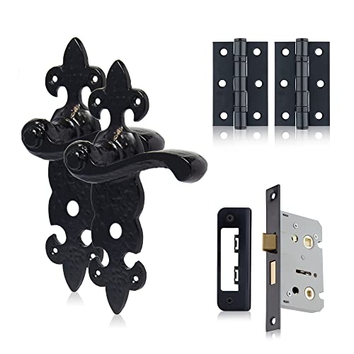 XFORT Smithy's Range Fleur de LYS Hebel-Badezimmer-Set, schwarz, antikes Komplett-Set mit Badezimmergriffen, 65 mm Einsteckschloss und 75 mm Scharnieren, Türgriff-Set für Innentüren aus Holz von XFORT