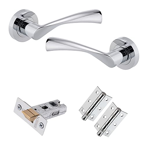 XFORT-Verriegelungspaket aus poliertem Chrom mit gebogenem Hebel und Rosette, mit kugelgelagerten Scharnieren und einem röhrenförmigen Riegel, ideal für Innentüren aus Holz für Zuhause und Büro. von XFORT
