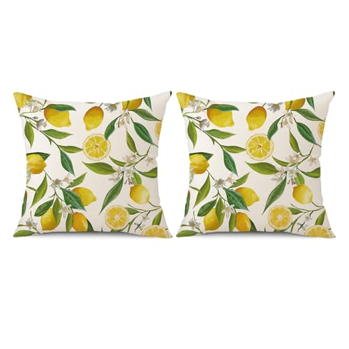 XFSRG 2 Stück Boho Kissenbezüge 45x45cm Leinen Zierkissenbezüge mit Zitronen-Muster Bedruckt Kissen für Sofa Wohnzimmer Deko Kissen (Weiß, Zitrone, 45x45cm) von XFSRG