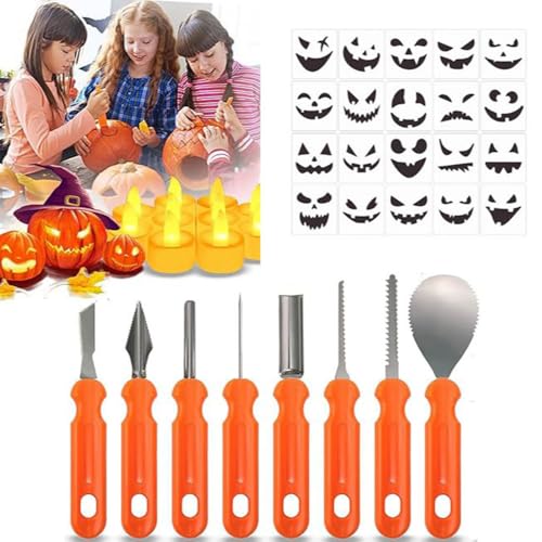 XFSRG 28 Stück Halloween Kürbis Schnitzset mit 20 PET Vorlagen DIY Kürbisschnitzwerkzeug aus Edelstahl und Ergonomischem Griff Ideal für Halloween Deko XFSRG 28 Stück Halloween Kürbis Schnitzset mit 20 PET Vorlagen DIY Kürbisschnitzwerkzeug aus Edelstahl und Ergonomischem Griff Ideal für Halloween Deko von XFSRG
