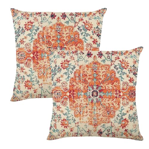 XFSRG Boho Kissenhülle 45×45 cm 2er Set Leinen Kissenbezug mit Ethno Muster für Wohnzimmer Schlafzimmer und Outdoor Atmungsaktiv und Strapazierfähig (Orange) von XFSRG