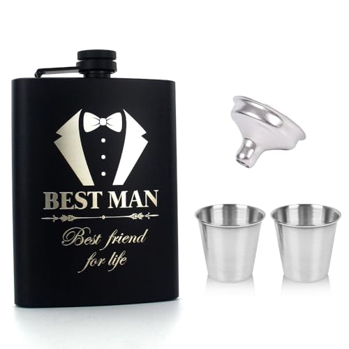 XFSRG Flachmann Set Mit Gravur Für Hochzeit Eleganter Schwarzer Flachmann Mit Groomsman Gravur Perfektes Trauzeugen Geschenk Edelstahl Flachmann Mit Trichter Und Bechern (BSTEMAN) von XFSRG