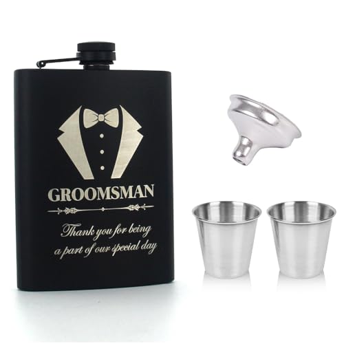 XFSRG Flachmann Set Mit Gravur Für Hochzeit Eleganter Schwarzer Flachmann Mit Groomsman Gravur Perfektes Trauzeugen Geschenk Edelstahl Flachmann Mit Trichter Und Bechern (GROOMSMAN) von XFSRG