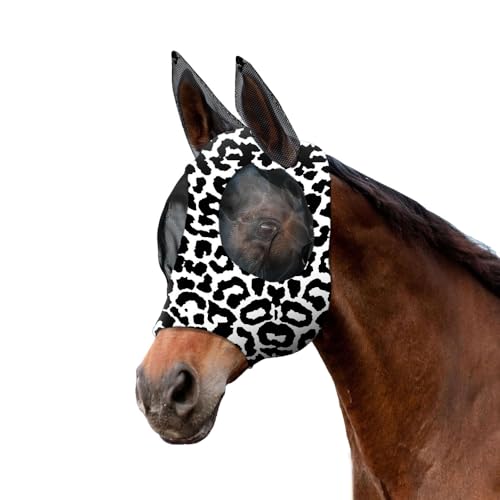 XFSRG Fliegenmaske Pferd Super Comfort UV Schutz Leopard Drucken Hautfreundlich und Atmungsaktiv Large Eye Space Fly Mask(Schwarz/M) von XFSRG