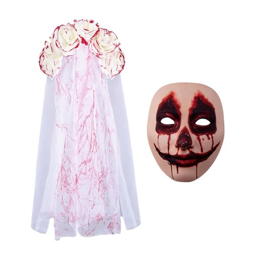 XFSRG Halloween Blutschleier Weiß Brautschleier mit Blutigen Rosen Horror Kostüm für Zombie Braut Haarschmuck Hochzeit für Frauen Perfekt für Halloween Party und Junggesellenabschied (A) von XFSRG