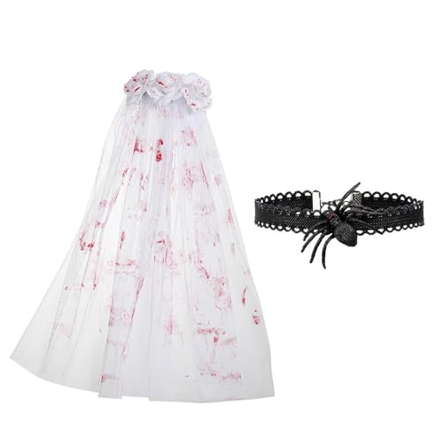 XFSRG Halloween Blutschleier Weiß Brautschleier mit Blutigen Rosen Horror Kostüm für Zombie Braut Haarschmuck Hochzeit für Frauen Perfekt für Halloween Party und Junggesellenabschied (B) von XFSRG