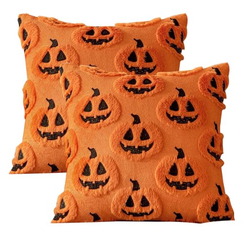 XFSRG Halloween Geister Kissenbezug 2er Set Lustige Kürbis Geist Motiv Kissenhülle 45×45 cm Halloween Deko Kissen für Sofa Schlafzimmer und Party (Orange) von XFSRG