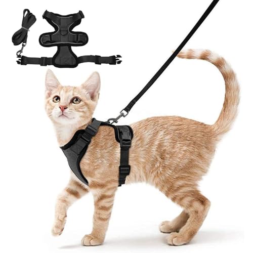 XFSRG Katzengeschirr und Katzenleine Set,Ausbruchsicher Verstellbare Weich Gepolsterte Katzengeschirr mit Leine Air Mesh Atmungsaktiv Brustgeschirr für Hunde Katze(Schwarz/Xs) von XFSRG