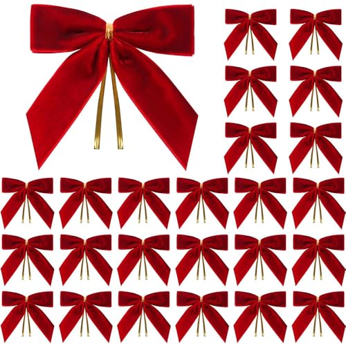 XFSRG Rote Schleife aus Samt mit goldenen Bändern, Set mit 24 Weihnachtsdekorationen für Baum und Haus (rot) von XFSRG