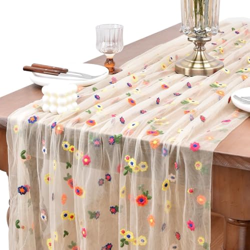 XFSRG Tischläufer Elegantes Blumenmuster Musselin Stoff Tischdeko für Geburtstag und Feste (Hellgelb) von XFSRG