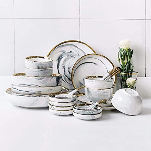Abendessenset, 26 Stück Phnom Penh Grey Marmor Ceramics Abendessen Set Porzellan Schüssel Löffel Tischgeschirr Kombination für 6 Personen von XFZJCHAP