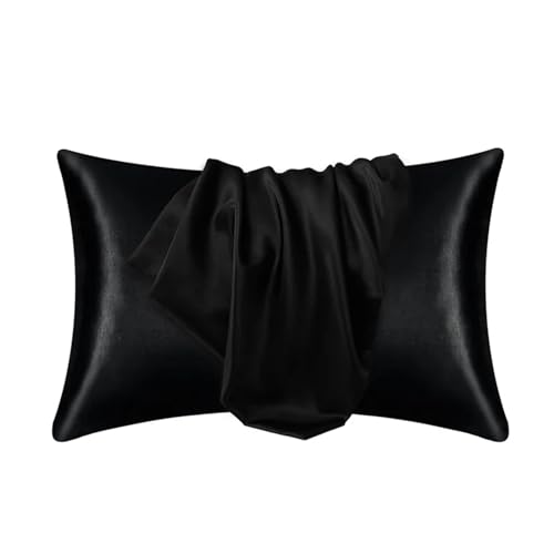Kissenhüllen Reine Emulation Satin Kissenbezug bequemer Kissenbezug Kissenbezug für Betten werfen Einkissenbezüge Home Decor Seidenkissenbezug (Farbe: Schwarz, Größe: 2 Stück 51 x 66 cm) von XFZJCHAP