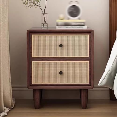 XFZJCHAP Log Simple Retro, Nachttisch mit 2 handgefertigten Rattan dekorierten Schubladen, Aufbewahrungsbett -Tisch, Seitenschrank, für Wohnzimmer -Schlafzimmermöbel (dunkle Holzfarbe 45x40x55 cm) von XFZJCHAP