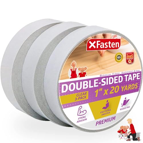 XFasten Doppelseitiges Klebeband klar, entfernbar, 1 Zoll auf 20 Yards (25,4 mm x 18,28 m), 3er-Pack ideal als Geschenkverpackungsband, zum Halten von Teppichen und für die Holzbearbeitung von XFasten