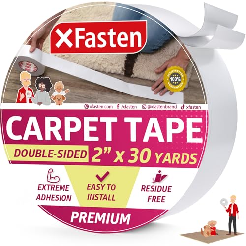 XFasten Doppelseitiges Teppichklebeband für Flächenteppiche, rückstandsfrei, 2 Zoll x 30 Yards (50,8 mm x 27,43 m); Wood Safe 2 Faced Teppichklebeband für Teppich-zu-Boden von XFasten
