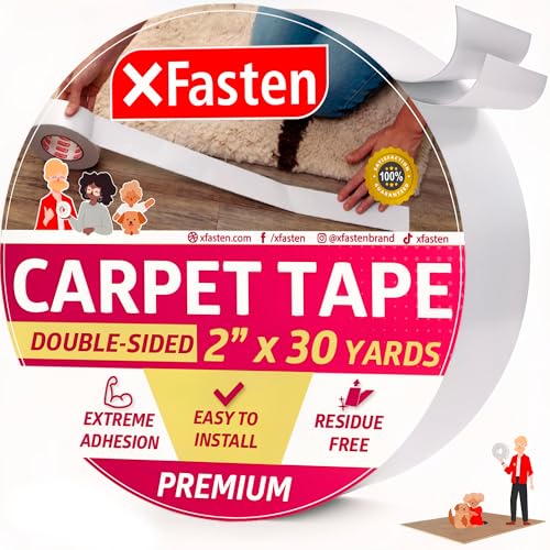 XFasten Doppelseitiges Teppichklebeband für Flächenteppiche, rückstandsfrei, 2 Zoll x 30 Yards (50,8 mm x 27,43 m); Wood Safe 2 Faced Teppichklebeband für Teppich-zu-Boden von XFasten