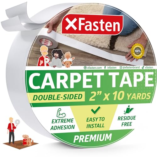 XFasten Doppelseitiges Teppichklebeband für Teppiche und Teppichböden, abnehmbar und hartholzsicher, 2 Zoll x 10 Meter, ideal für Teppiche, Teppiche über Teppiche oder empfindliche Hartholzböden von XFasten