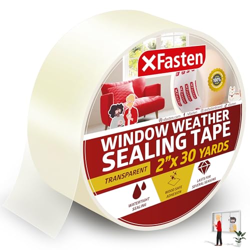 XFasten Durchsichtiges Fenster-Wetterabdichtungsband, 2-Zoll x 30 Yards (50.8mm x 27.43m), klares Fensterzug-Isolationsabdichtungsfolienband, keine Rückstände von XFasten