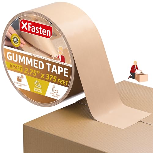 XFasten Verstärktes Packband aus gummiertem Kraftpapier, 2,75 Inch x 375 Feet (69,85 mm x 114,3 m)| Wasseraktiviertes von XFasten