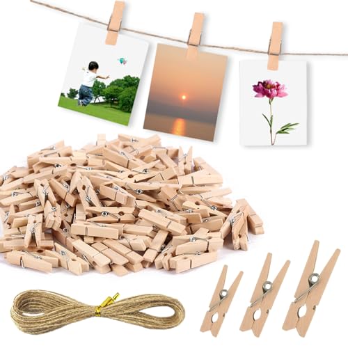 XFentech 150 Stück Mini Holzklammern - Holzklammern Klein 2.5/3/3.5cm Mini Wäscheklammern Deko Holzklammern Fotoklammern mit 10M Jute String Für Fotos Aufhängen XFentech 150 Stück Mini Holzklammern - Holzklammern Klein 2.5/3/3.5cm Mini Wäscheklammern Deko Holzklammern Fotoklammern mit 10M Jute String Für Fotos Aufhängen von XFentech