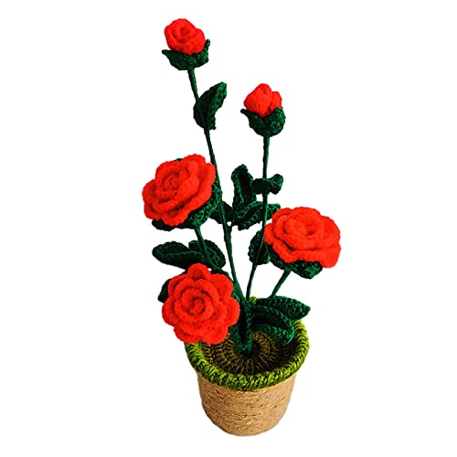 EESLL Künstliche gestrickte Wollblumen, beflockte Rosenblüten, Wollhäkelte Rosen, künstliche Blumen mit Topf für Zimmer, Heimdekoration von XGAGHB