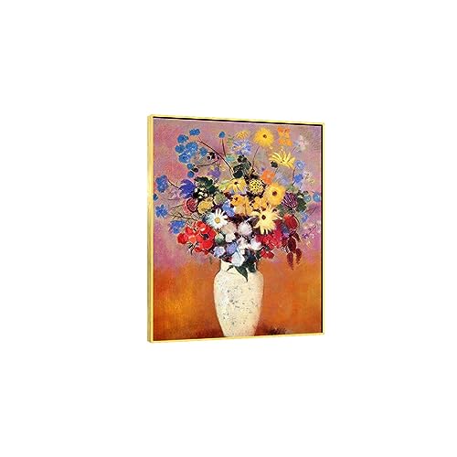 XGMDZRT Berühmte Wandkunstgemälde: Vase mit Blumen. Odilon Redon druckt Reproduktion auf Leinwand. Leinwand-Kunstposter für das Wohnzimmer. Fertig zum Aufhängen, 60x78 cm großer goldener Rahmen von XGMDZRT