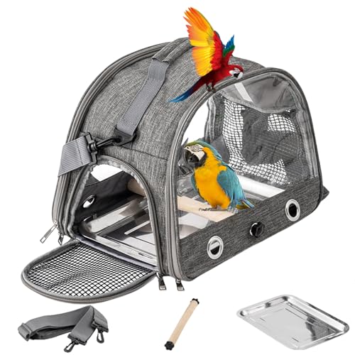 XGOPTS Vogel Transporttasche mit Stehstange und Edelstahl-Tablett Vogel Transportbox Tragbarer Vogelkäfig Nymphensittich Rucksack Wellensittich Zubehör für Papageien,Sittiche (Grau) von XGOPTS