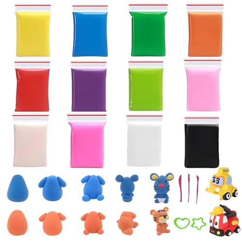 12 Farben Modelliermasse lufttrocknend – Selbsttrocknende Knete für Kinder ab 3 Jahren – Foam Clay Bastelset mit Werkzeugen & Formen – Kreatives DIY Geschenk für Jungen & Mädchen von XGTSM