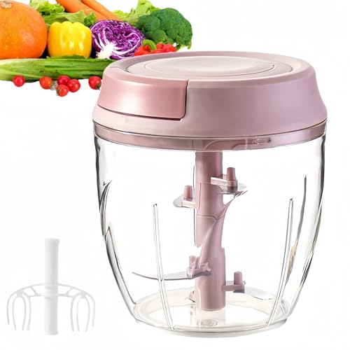 Manuelle Küchenmaschine, Knoblauchwolf, Handschneider, Gemüseschneider für Küchenutensilien, Zwiebelzerkleinerer mit Zugschnur für Gemüse, Ingwer, Obst, Nüsse, Kräuter usw., 1000 ml (Rosa) von XGVIEGZ