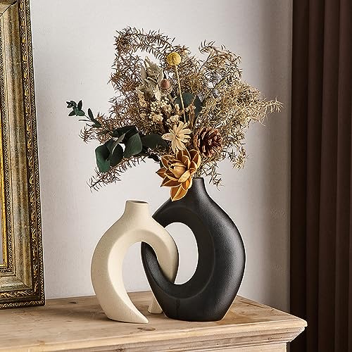 2 Stück ästhetische hohle Keramikvase, schwarz und weiß, Vasen-Set für moderne Wohnkultur, nordische minimalistische dekorative Blumenvase für Wohnzimmer, Küche, Esstisch, Mittelstück und von XGZY