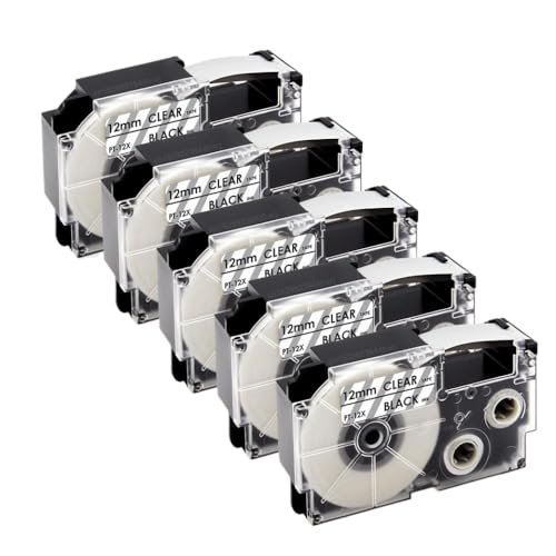 5pcs 10pcs XR12WE kompatible Etikettenbandband Kompatibel mit KL-60 KL-100-Etikettdrucker funktioniert mit XR-12WE XR-12YW XR-9WE XR-9YW 9mm 12mm(5PK Black on Clear) von XGdEKA