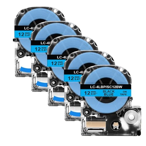 XGdEKA 2 5pcs SS12KW ST12KW 12-mm-Etikettenklebeband kompatibel mit LK-4WBN SC12YW SC12KZ Kompatibel mit LW-300 400 Label Maker(5PK Black on Blue) von XGdEKA
