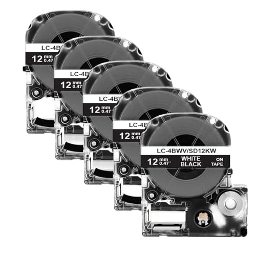 XGdEKA 2 5pcs SS12KW ST12KW 12-mm-Etikettenklebeband kompatibel mit LK-4WBN SC12YW SC12KZ Kompatibel mit LW-300 400 Label Maker(5PK White on Black) von XGdEKA