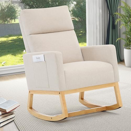 XH. Easy Go Schaukelstuhl fürs Kinderzimmer Schaukelsessel Stillsessel mit Hoher Rückenlehne, Stillstuhl Leinen Schaukelstühle Nursing Rocking Chair für Wohnzimmer und Schlafzimmer,Bis 150 kg, Beige von XH.Easy Go