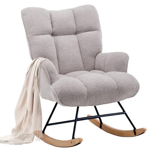 XH.Easy Go Schaukelstuhl Stillsessel Schaukelsessel mit Armlehnen Gepolsterter Schwingsessel Stillstuhl Sessel Relaxsessel für Wohnzimmer Schlafzimmer Babyzimmer, Bis 136 kg Belastbar, Grau von XH.Easy Go