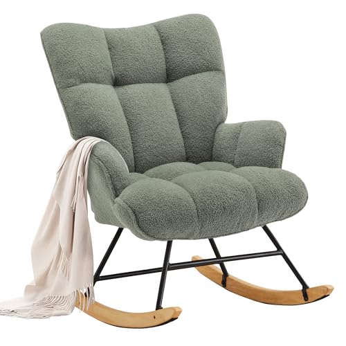 XH.Easy Go Schaukelstuhl Stillsessel Schaukelsessel mit Armlehnen Gepolsterter Schwingsessel Stillstuhl Sessel Relaxsessel für Wohnzimmer Schlafzimmer Babyzimmer, Bis 136kg Belastbar, Grün von XH.Easy Go