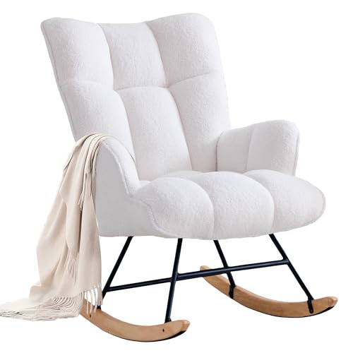 XH.Easy Go Schaukelstuhl Stillsessel Schaukelsessel mit Armlehnen Gepolsterter Schwingsessel Stillstuhl Sessel Relaxsessel für Wohnzimmer Schlafzimmer Babyzimmer, Bis 136 kg Belastbar, Weiß von XH.Easy Go