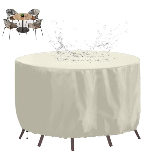 XHBJSH Rund Gartenmöbel Abdeckung 120x90cm Wasserdicht 420D Oxford Runde Patio Möbel Set, Winddicht, UV-beständig Outdoor Terrasse Tisch Und StüHle Abdeckung, Schutzhülle für Gartenmöbel, Cremefarben von XHBJSH
